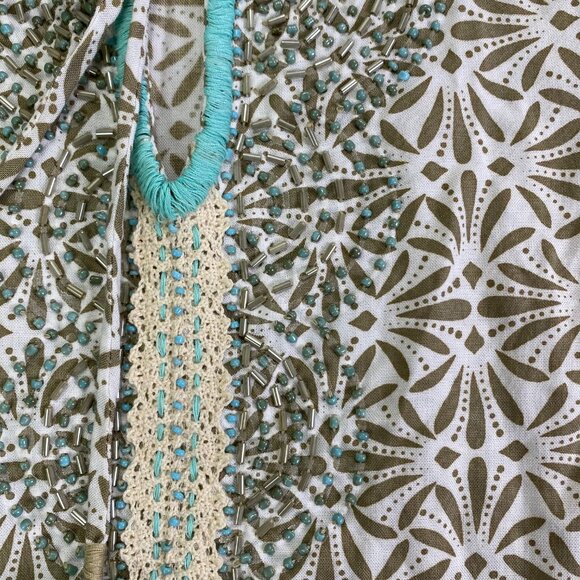 Skemo Cover Up Dress | S | Tan White | Tasseled Crochet Beaded | Beachy Resort - Picture 5 of 13